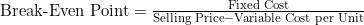 \text{Break-Even Point}=\frac{\text{Fixed Cost}}{\text{Selling Price}-\text{Variable Cost per Unit}}