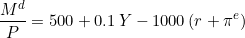 \[\frac{M^{d}}{P} = 500 + 0.1\,Y - 1000\,(r + \pi^{e})\]