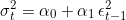 \[\sigma_t^2 = \alpha_0 + \alpha_1\,\epsilon_{t-1}^2\]