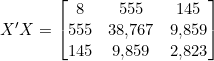 Rendered by QuickLaTeX.com X'X = \begin{bmatrix} 8 & 555 & 145 \\ 555 & 38{,}767 & 9{,}859 \\ 145 & 9{,}859 & 2{,}823 \end{bmatrix}
