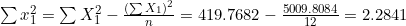 \sum x_1^2 = \sum X_1^2 - \frac{(\sum X_1)^2}{n} = 419.7682 - \frac{5009.8084}{12} = 2.2841