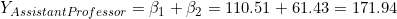 Y_{AssistantProfessor} = \beta_1 + \beta_2 = 110.51 + 61.43 = 171.94