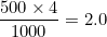 \dfrac{500 \times 4}{1000} = 2.0