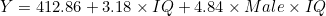 Y = 412.86 + 3.18 \times IQ + 4.84 \times Male \times IQ