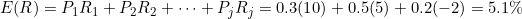 E(R)=P_1R_1+P_2R_2+\cdots+P_jR_j=0.3(10)+0.5(5)+0.2(-2)=5.1\%