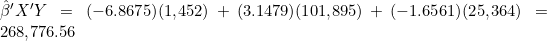 \hat{\beta}'X'Y = (-6.8675)(1{,}452) + (3.1479)(101{,}895) + (-1.6561)(25{,}364) = 268{,}776.56