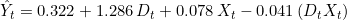 \hat{Y}_t = 0.322 + 1.286\,D_t + 0.078\,X_t - 0.041\,(D_t X_t)