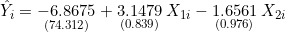 \hat{Y}_i = \underset{(74.312)}{-6.8675} + \underset{(0.839)}{3.1479}\,X_{1i} - \underset{(0.976)}{1.6561}\,X_{2i}