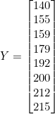 Rendered by QuickLaTeX.com Y = \begin{bmatrix} 140 \\ 155 \\ 159 \\ 179 \\ 192 \\ 200 \\ 212 \\ 215 \end{bmatrix}