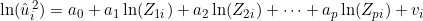 \ln(\hat{u}_i^{\,2})=a_0+a_1\ln(Z_{1i})+a_2\ln(Z_{2i})+\cdots+a_p\ln(Z_{pi})+v_i