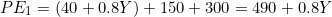\[PE_1 = (40 + 0.8Y) + 150 + 300 = 490 + 0.8Y\]