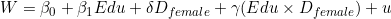 W = \beta_0 + \beta_1 Edu + \delta D_{female} + \gamma (Edu \times D_{female}) + u