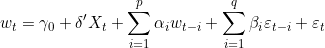\[w_t = \gamma_0 + \delta' X_t + \sum_{i=1}^{p}\alpha_i w_{t-i} + \sum_{i=1}^{q}\beta_i \varepsilon_{t-i} + \varepsilon_t\]