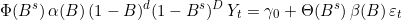 \[\Phi(B^{s})\,\alpha(B)\,(1-B)^{d}(1-B^{s})^{D}\,Y_t = \gamma_0 + \Theta(B^{s})\,\beta(B)\,\varepsilon_t\]