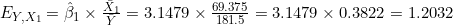 E_{Y,X_1} = \hat{\beta}_1 \times \frac{\bar{X}_1}{\bar{Y}} = 3.1479 \times \frac{69.375}{181.5} = 3.1479 \times 0.3822 = 1.2032