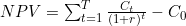 NPV = \sum_{t=1}^{T} \frac{C_t}{(1 + r)^t} - C_0