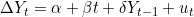 \Delta Y_t=\alpha+\beta t+\delta Y_{t-1}+u_t