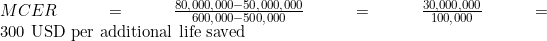 MCER = \frac{80{,}000{,}000 - 50{,}000{,}000}{600{,}000 - 500{,}000} = \frac{30{,}000{,}000}{100{,}000} = 300\ \text{USD per additional life saved}