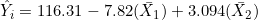 \hat{Y}_i = 116.31 - 7.82(\bar{X}_1) + 3.094(\bar{X}_2)