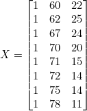 Rendered by QuickLaTeX.com X = \begin{bmatrix} 1 & 60 & 22 \\ 1 & 62 & 25 \\ 1 & 67 & 24 \\ 1 & 70 & 20 \\ 1 & 71 & 15 \\ 1 & 72 & 14 \\ 1 & 75 & 14 \\ 1 & 78 & 11 \end{bmatrix}