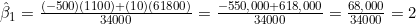 \hat{\beta}_1 = \frac{(-500)(1100) + (10)(61800)}{34000} = \frac{-550{,}000 + 618{,}000}{34000} = \frac{68{,}000}{34000} = 2