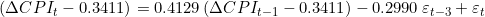 \[(\Delta CPI_t - 0.3411) = 0.4129\,(\Delta CPI_{t-1} - 0.3411) - 0.2990\,\varepsilon_{t-3} + \varepsilon_t\]