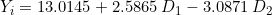 Y_i = 13.0145 + 2.5865 \, D_1 - 3.0871 \, D_2